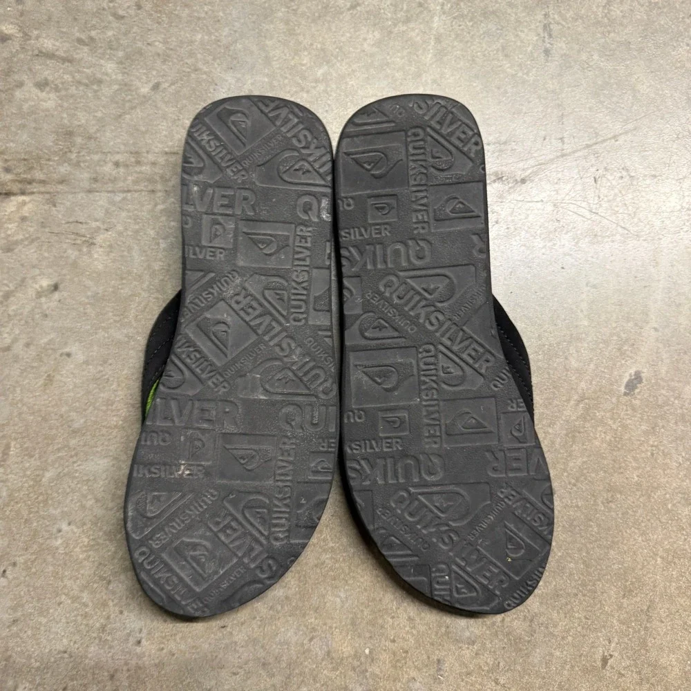 Quiksilver Mens Flip Flop Sandals Black Grey Neon Green Thong Beach Shoes 11.5in